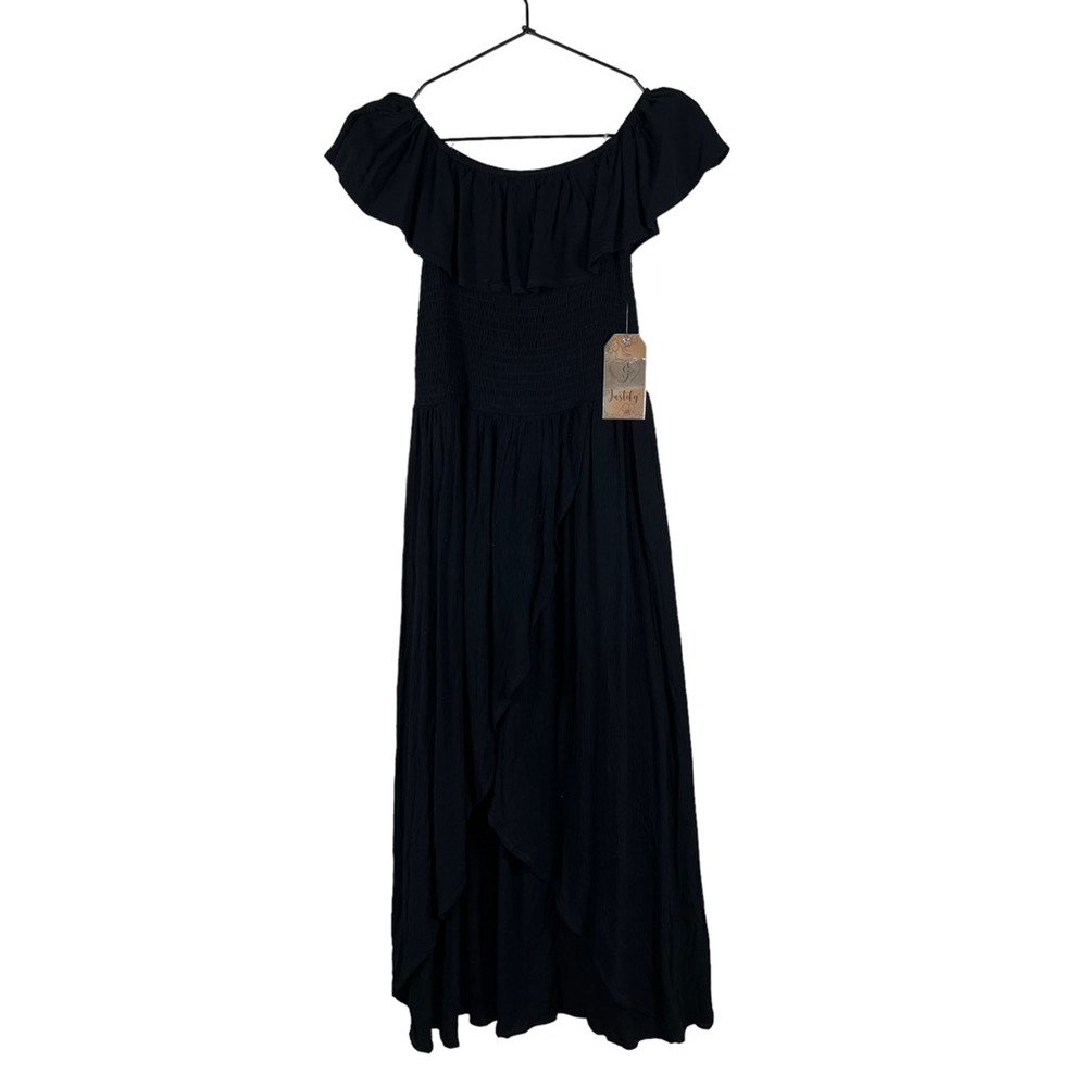 Justify Womens Shift Dress Black Smocked Midi Boat Neck Cap Sleeve Flowy S New